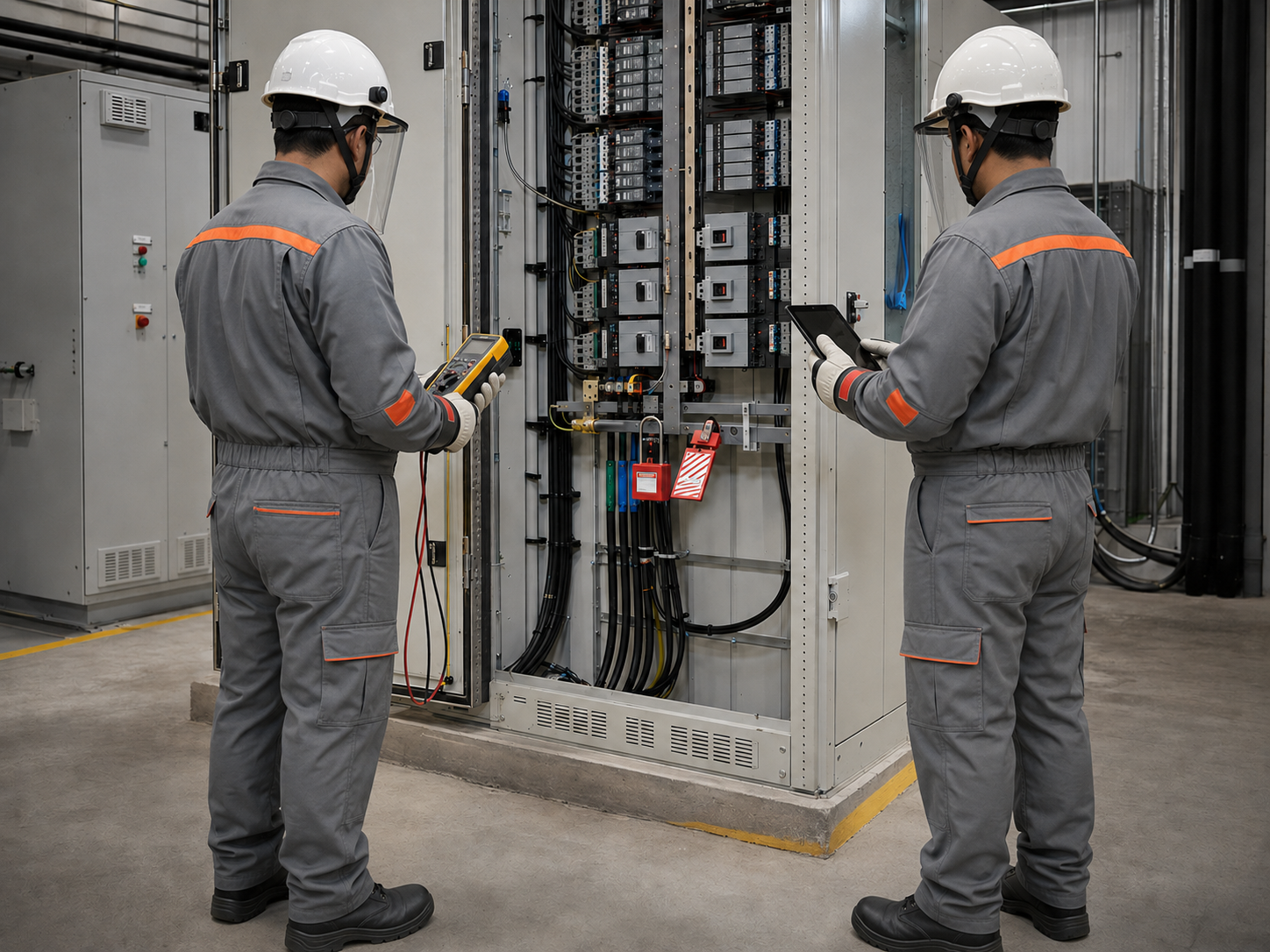 Eletricistas com EPI em inspeção segura de painel industrial